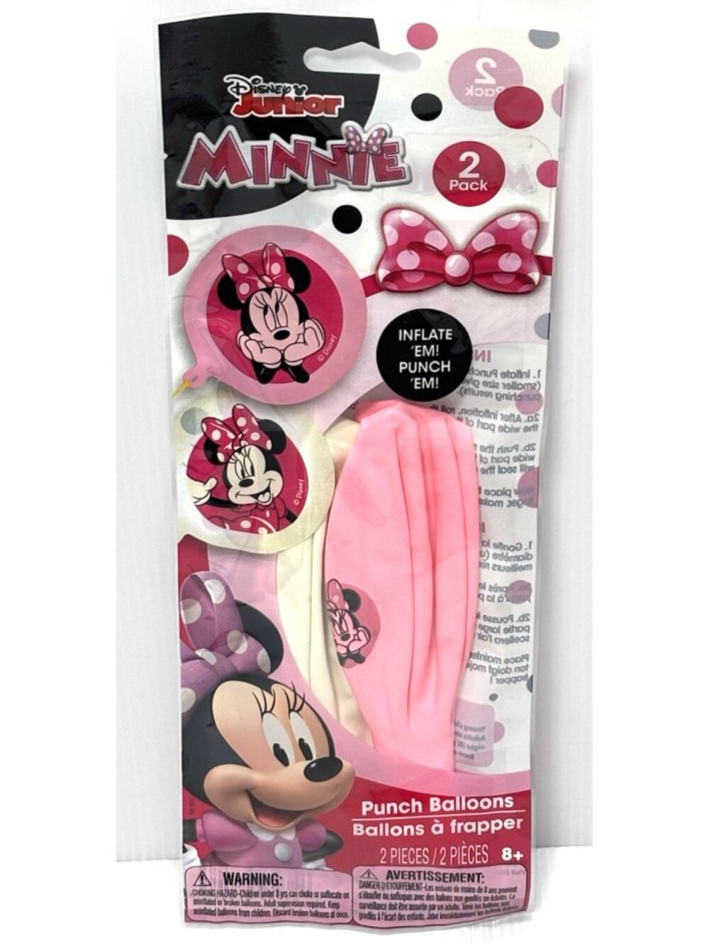 Minnie Mouse Punch Balloons, 2 Pack, New, Pink & WhiteParty Favor/Toy, Ages 8+